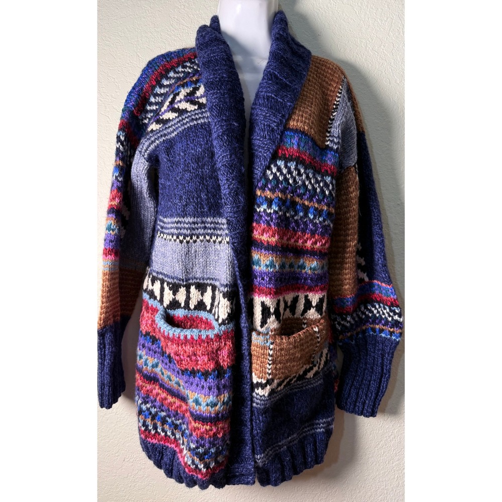 AMANO Hand Knit 100% Wool Cardigan Sweater Oversized Ecuador Artisan Size Small